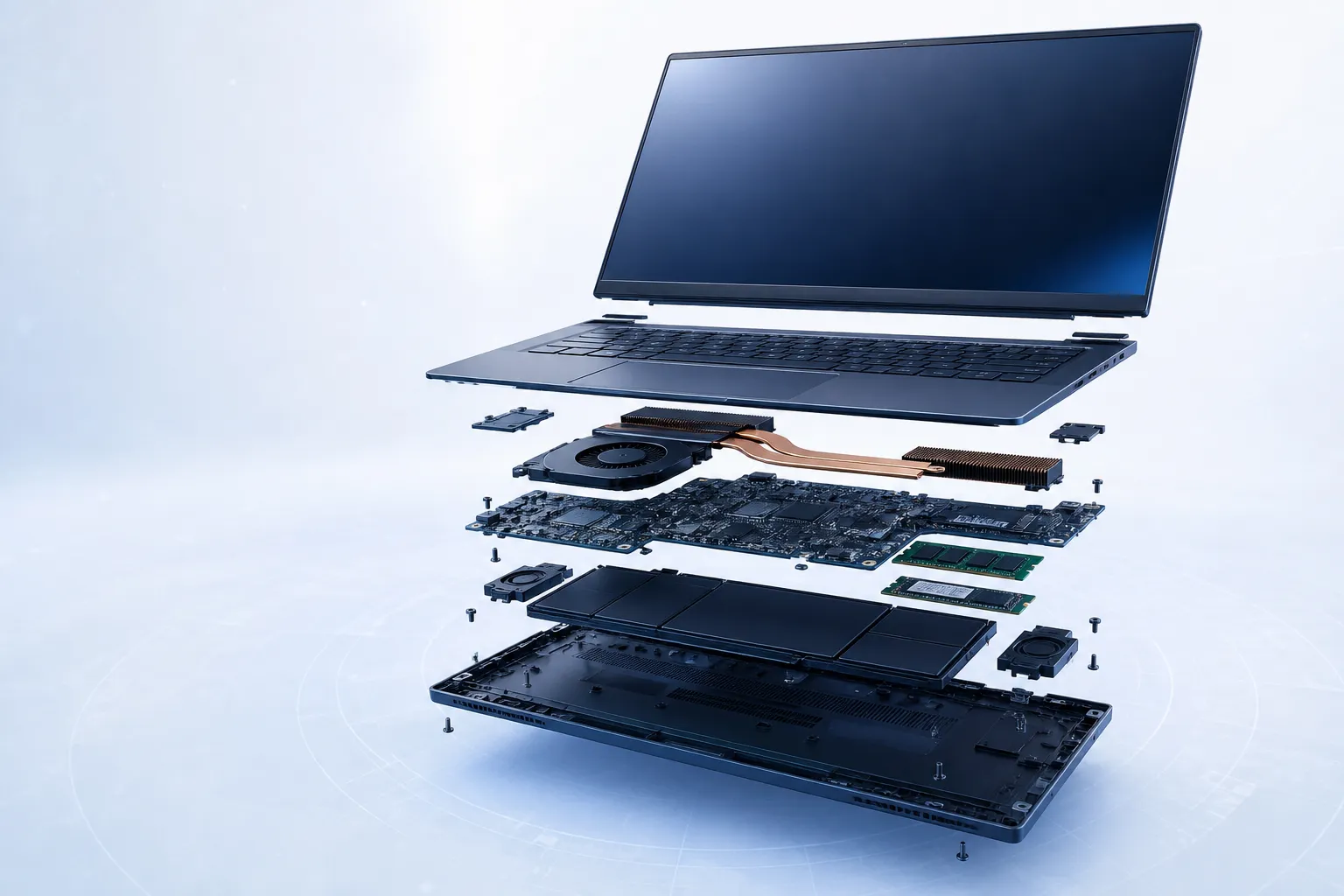 Exploded-view enterprise laptop showing internal components